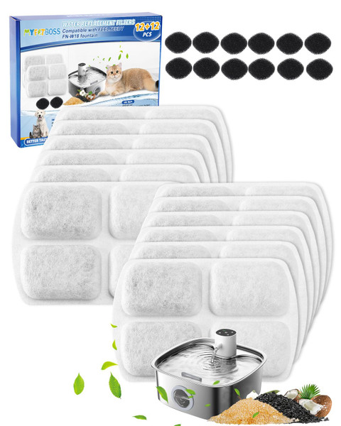 MyfatBOSS 12+12 Pack Filter Replacement Compatible with FEELNEEDY 8L Dog Water Fountain FN-W18, Water Fountain Filters, Dog Water Replacement Filters, Pet Fountain Filters with Pump Sponges for Pet