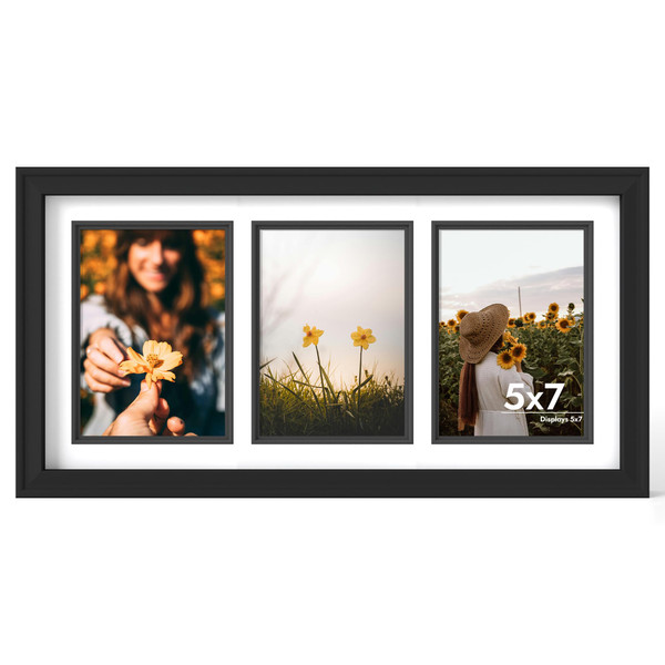iRahmen 5x7 Collage Picture Frame with Tempered Glass - Wood Photo Frames Display Three 5 x 7 Pictures with Mat, Home Decor Wall Mount, Black