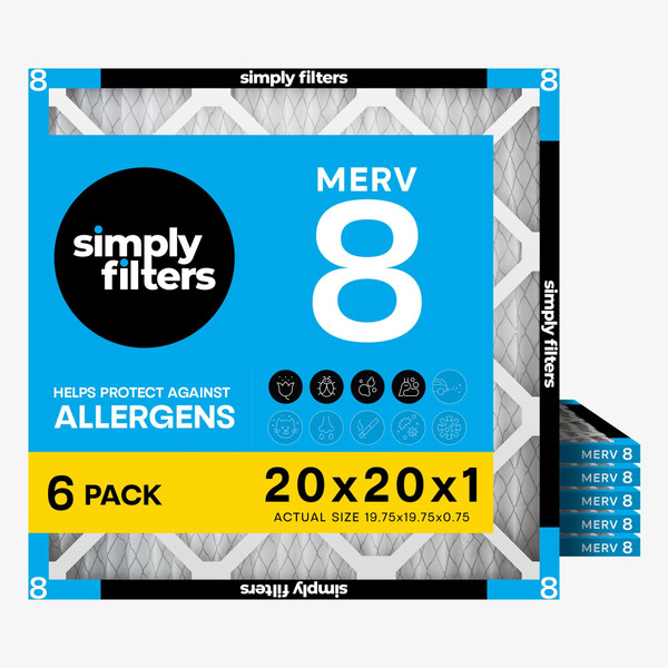 Simply 20x20x1 Air Filter, Merv 8, MPR 600, 6 Pack, Furnace Air Filter for HVAC (Actual Size: 19.75"x19.75"x0.75") DUST, Pet, & Allergy Control
