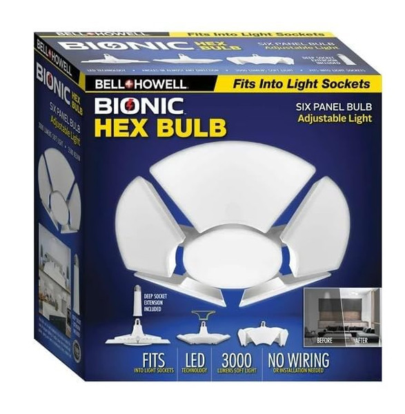 Bell+Howell Hex Bulb E26 LED Garage Light 6 Panel Deformable Shop Light Ceiling Light High-Intensity Lighting with 144 LED Bulbs for Attic, Basements, Office, Garage Lights