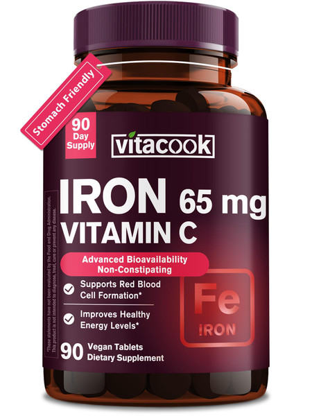 Iron Supplement for Women Men, High Potency Iron 65mg with Vitamin C 250mg