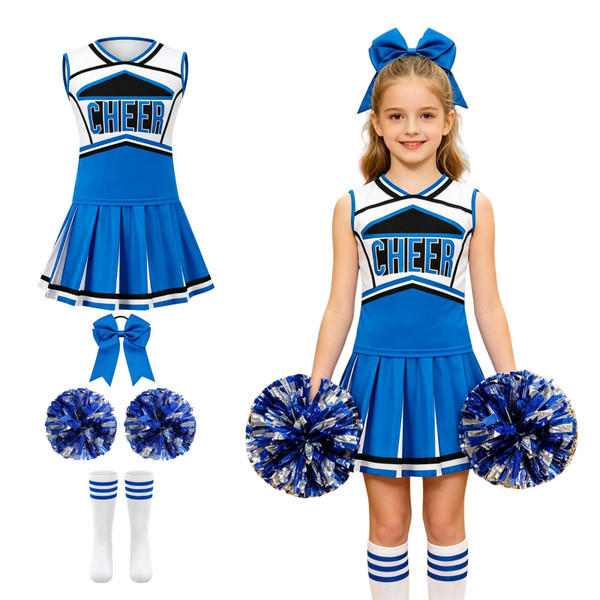 Colorful House 5-Piece Cheerleading Outfit for Kids - Complete with Top, Skirt, Pom Poms(8-9Y,Blue)