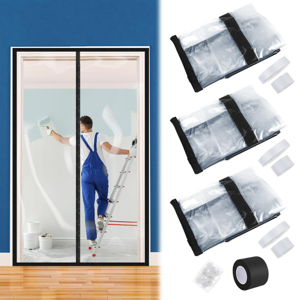 Preboun 3 Sets Magnetic Dust Barrier Zipper Door Kit 4' x 7.5' Construction Plastic Dust Barriers Plastic Door Curtain for Construction Self Closing Curtain for Doorways Room (Black)
