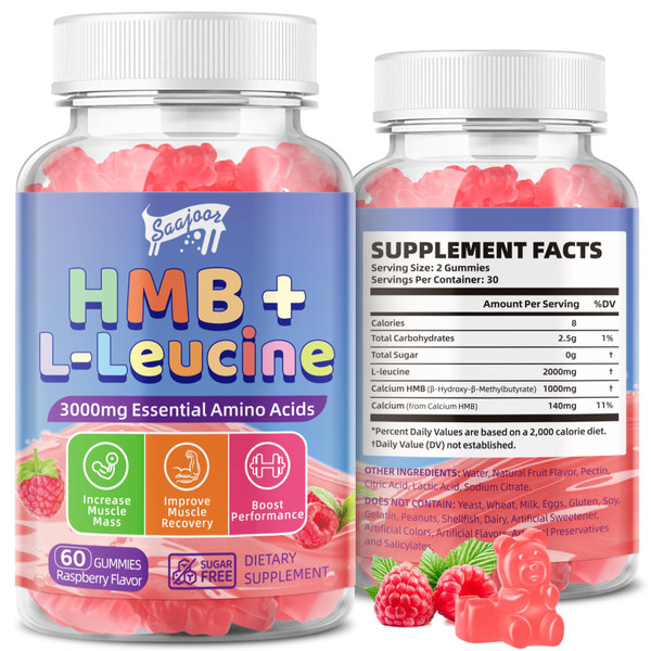 Saajoor HMB & L-Leucine 3000mg with Calcium Gummies - Muscle Support & Recovery for Adults & Elderly, Vegan, Gluten Free, 60 Gummies