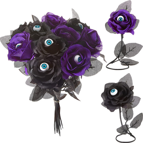 MTLEE 12 Pcs Halloween Eyeball Roses Artificial Silk Flowers, Black, Purple