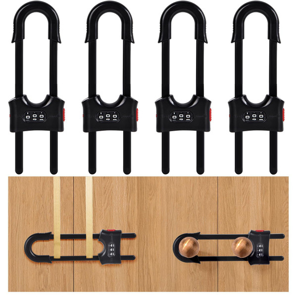 4 Packs Cabinet Locks U Shaped Sliding Cabinet Lock Baby Proofing Safety Locks with Combination Adjustable Childproof Latches for Adults, Handles on Kitchen Doors and Home Drawers Closet (Black)