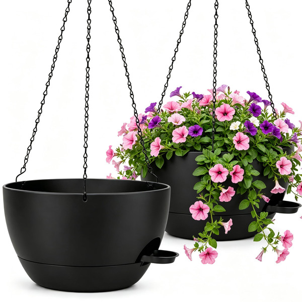 zople 12" Self Watering Hanging Planters with Chains, Black, 2 Pack
