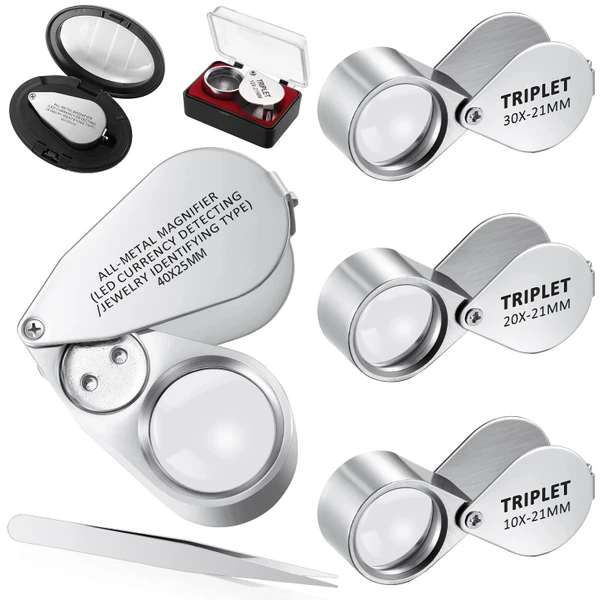 SEEWEY 10 Pcs 40x Metal Jewelers Loupe Magnifier with Light Illuminated LED Magnifying Glass 10x 20x 30x Jewelry Eye Loop Folding Pocket Magnifying Glass with Tweezers for Close Work Stamps Coins