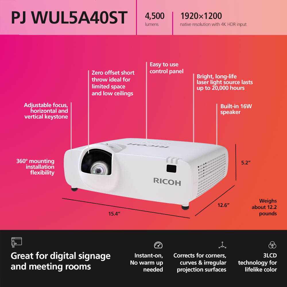 Buy the RICOH Short Throw Laser Projector PJ WUL5A40ST | PFU Ricoh