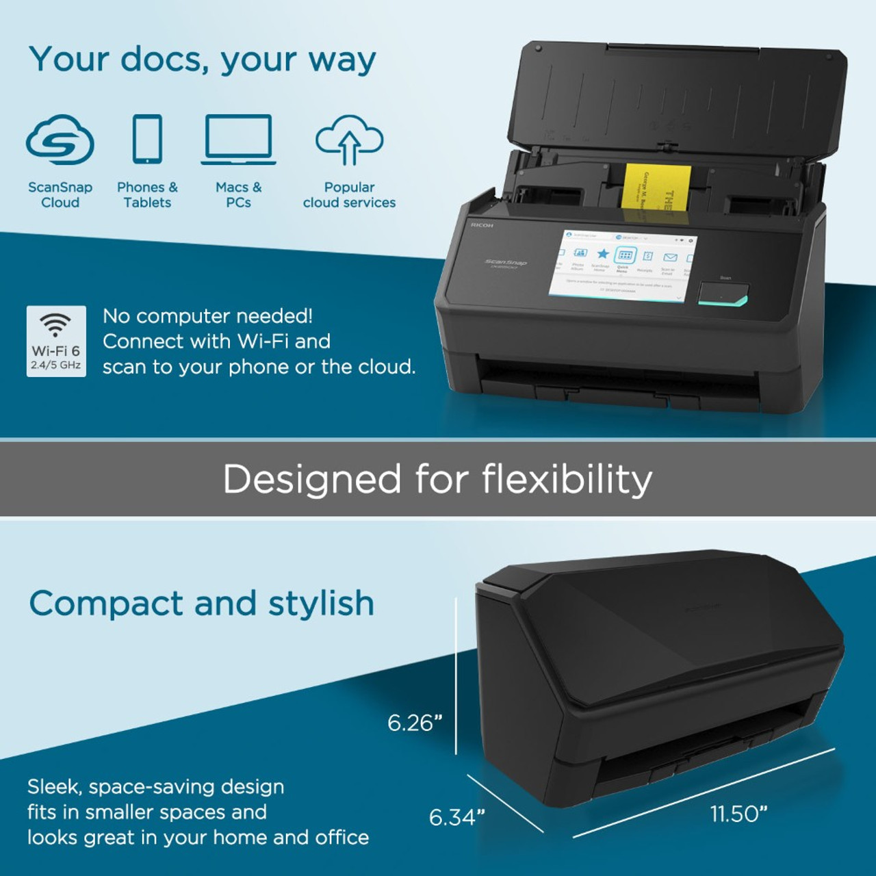 ScanSnap iX2500, Black | WiFi Document Scanner with Cloud