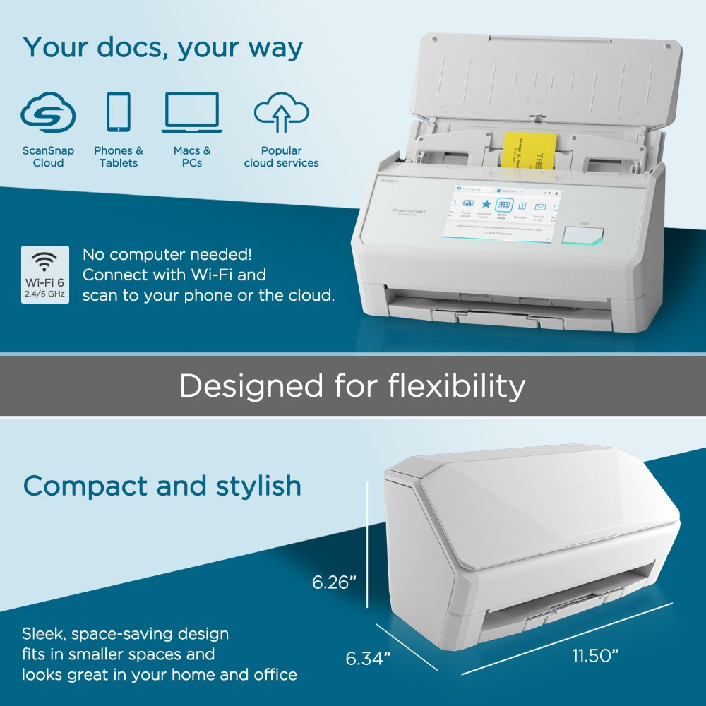 ScanSnap iX2500, White | Touchscreen Document Scanner for Mac & PC