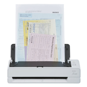 fi‑800R ultra‑compact document scanner scanning invoices, ideal for IDs, receipts, and paperwork while saving desk space