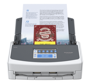 ScanSnap iX1600 Standard Edition document scanner shown scanning multiple documents with one-touch scanning