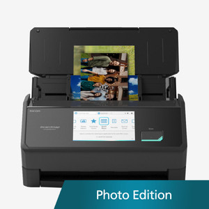 ScanSnap iX2500 Photo Edition scanner with touchscreen and open document feeder shown with a photo inserted.