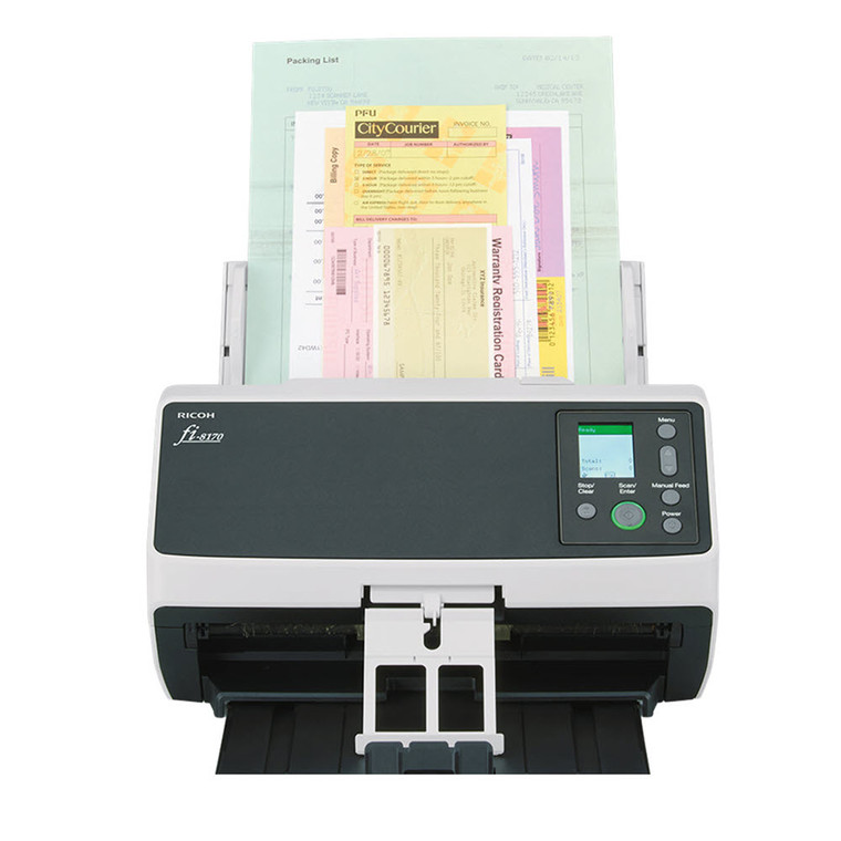 fi‑8170 high‑speed scanner with multifeed detection and accurate image capture, documents loaded in the feeder