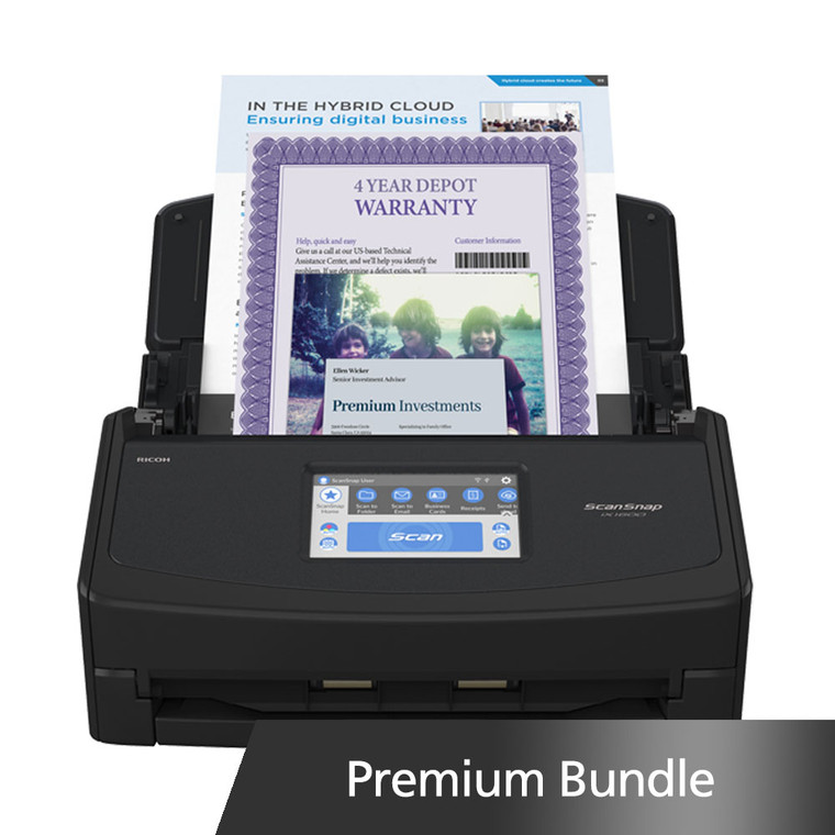ScanSnap iX1600 Premium Bundle cloud-enabled touchscreen document scanner with versatile features and 4-year depot warranty