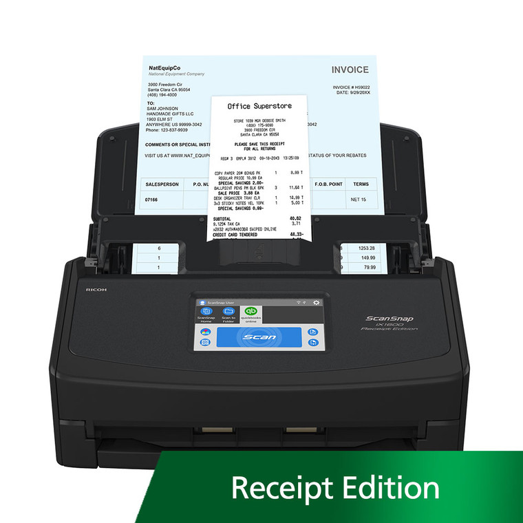 ScanSnap iX1600 Receipt Edition cloud-enabled touchscreen document scanner optimized for QuickBooks use at home or in the office