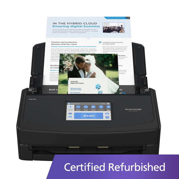 ScanSnap iX1600 Certified Refurbished cloud-enabled touchscreen document scanner lets you digitize and organize documents with one-touch scanning