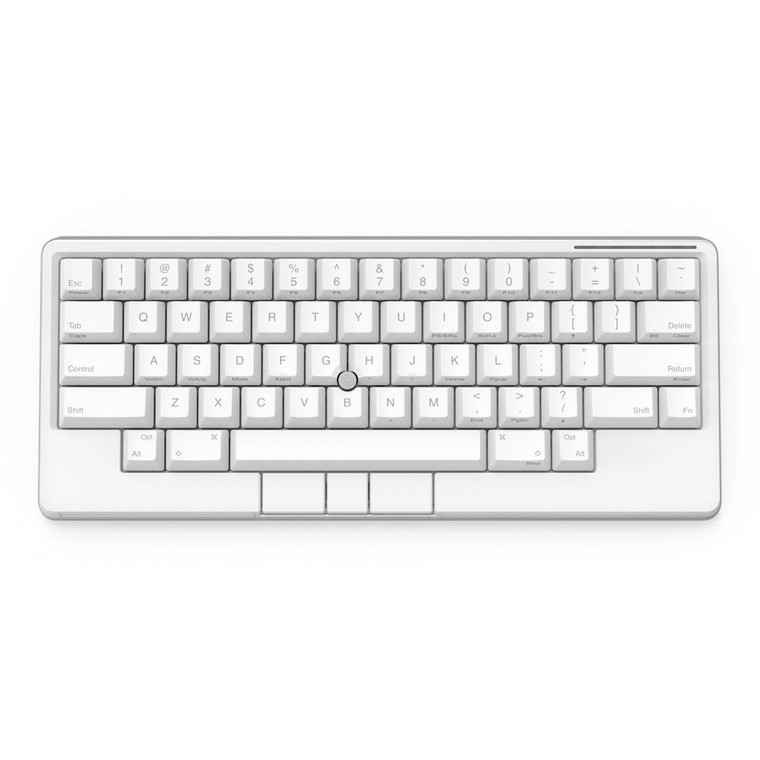 HHKB Studio 60% hot-swappable mechanical keyboard in snow with MX-compatible switches and stamped keycaps, top view.