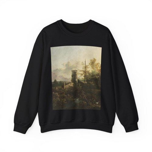 MOUCHERON, Frederick de - Mountainous Wooded River Landscape (Artwork) Crewneck Sweatshirt