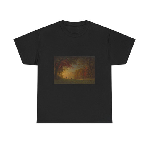 Albert Bierstadt (1830-1902) Indian Sunset Deer By a Lake - Oil on Canvas - T-Shirt