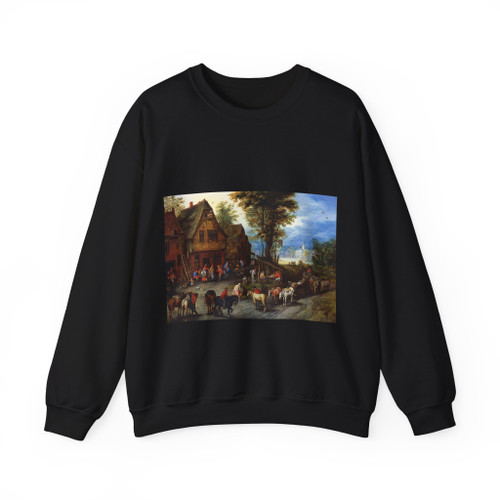 BRUEGHEL, Jan the Elder - A Village Street with the Holy Family Arriving at an Inn (Artwork) Crewneck Sweatshirt