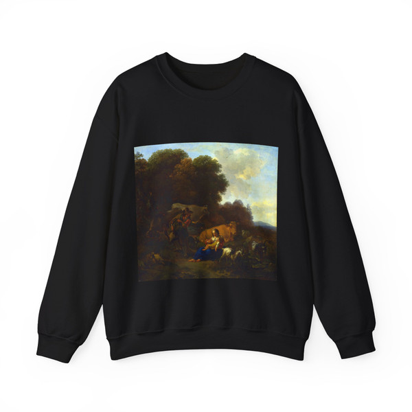 BERCHEM, Nicolaes - A Peasant playing a Hurdy-Gurdy to a Woman and Child (Artwork) Crewneck Sweatshirt