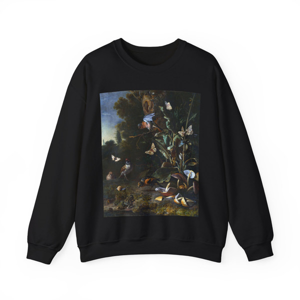 HONDECOETER, Melchior d' - Birds, Butterflies and a Frog among Plants and Fungi (Artwork) Crewneck Sweatshirt