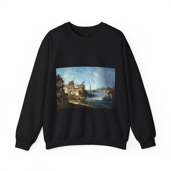 MARIESCHI, Michele - Buildings and Figures near a River with Shipping (Artwork) Crewneck Sweatshirt
