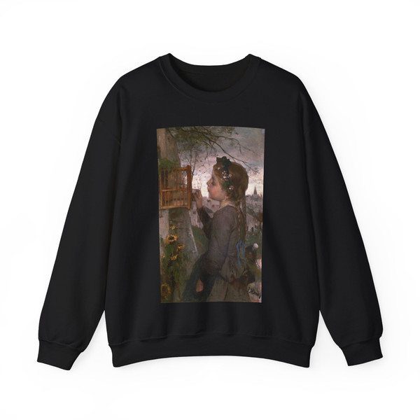 MARIS, Jacob - A Girl feeding a Bird in a Cage (Artwork) Crewneck Sweatshirt
