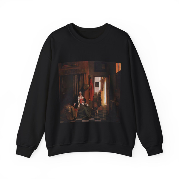 HOOCH, Pieter de - Mother Lacing Her Bodice beside a Cradle (Artwork) Crewneck Sweatshirt