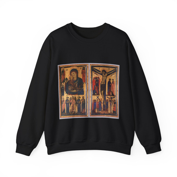 BERLINGHIERI, Bonaventura - Madonna and Child with Saints and Crucifixion (Artwork) Crewneck Sweatshirt
