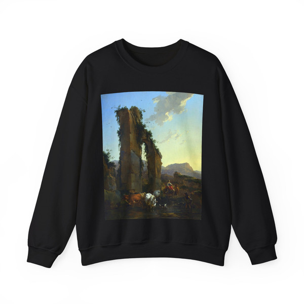 BERCHEM, Nicolaes - Peasants with Cattle by a Ruined Aqueduct (Artwork) Crewneck Sweatshirt