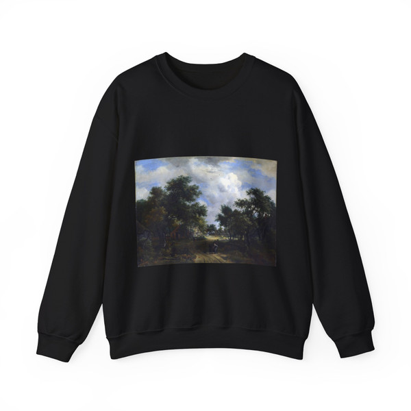 HOBBEMA, Meyndert - A Road winding past Cottages (Artwork) Crewneck Sweatshirt