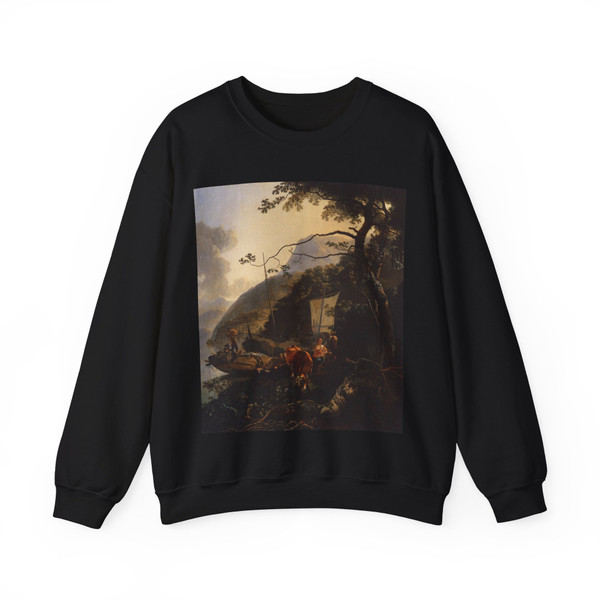 PYNACKER, Adam - Boatmen Moored on the Shore of an Italian Lake (Artwork) Crewneck Sweatshirt