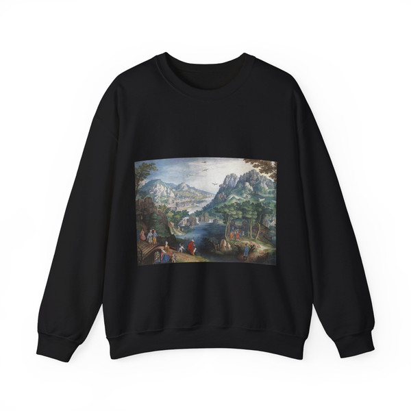 CONINXLOO, Gillis van - Mountain Landscape with River Valley and the Prophet Hosea (Artwork) Crewneck Sweatshirt