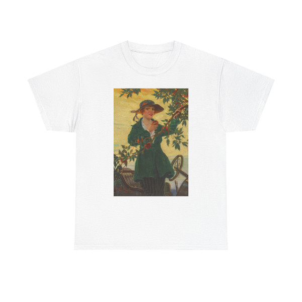 Young Woman Picking an Apple, possible cover for car magazine, 1916 - T-Shirt