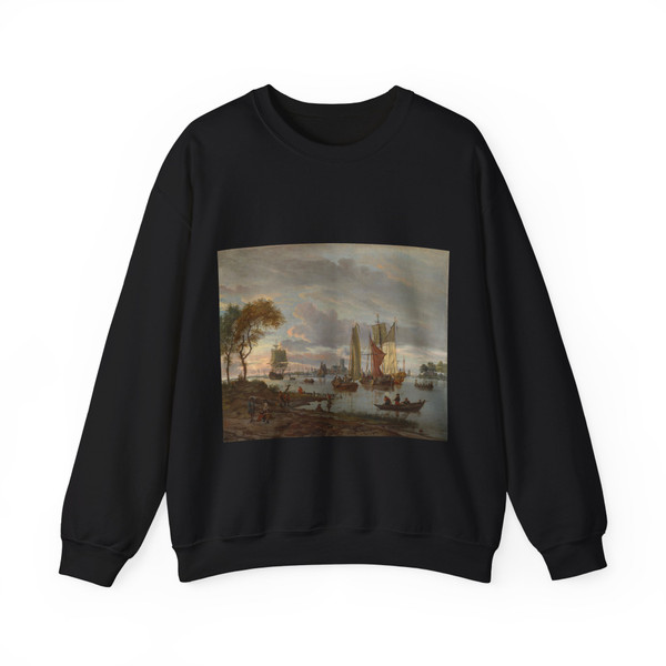 Abraham Storck - A River View (Artwork) Crewneck Sweatshirt