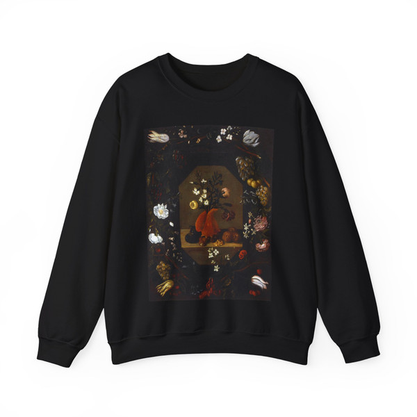 ESPINOSA, Juan de - Still-Life with Flowers with a Garland of Fruit and Flowers (Artwork) Crewneck Sweatshirt