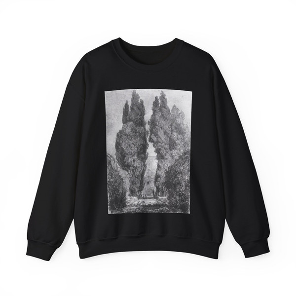 FRAGONARD, Jean-Honore - Cypresses in the Garden Avenue of the Villa (Artwork) Crewneck Sweatshirt