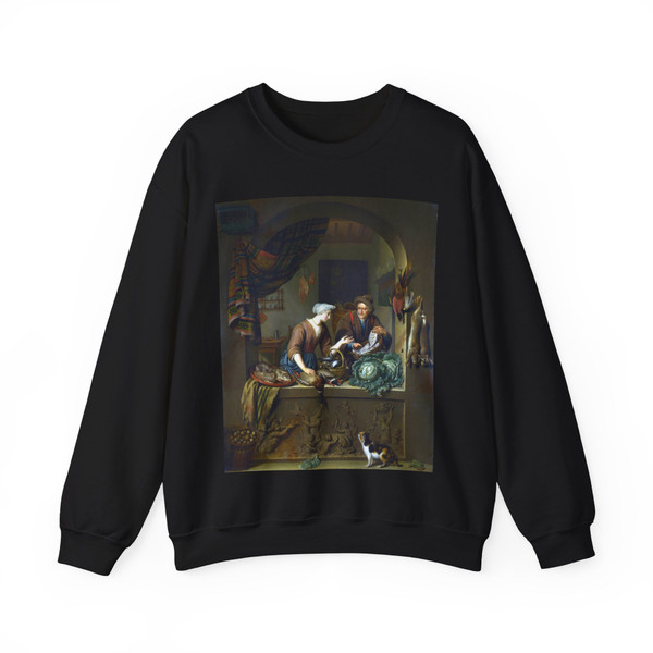 MIERIS, Willem van - A Woman and a Fish-pedlar in a Kitchen (Artwork) Crewneck Sweatshirt