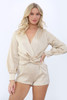 Long Sleeve Satin Playsuit - Beige - front