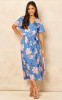 Blue Floral Button Pleat Midi Dress
