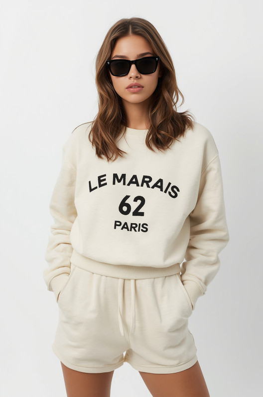 Cream Paris Sweatshirt Shorts Co Ord