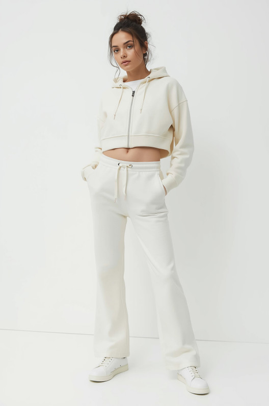 Cream Crop Hoodie and Flare Set - Fleece