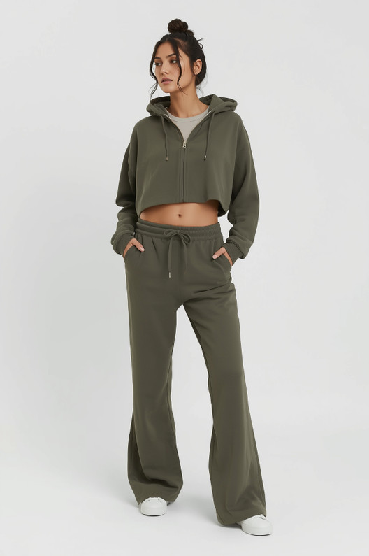 Olive Green Crop Hoodie and Flare Set - Fleece