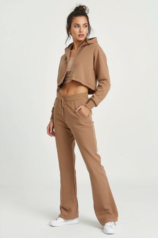 Mocha Crop Hoodie and Flare Set - Fleece