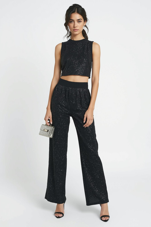 Black Sleeveless Lurex Top and Trouser Set