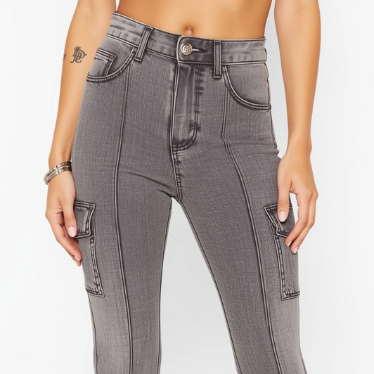 High Waisted Cargo Denim Jeans in Grey