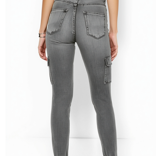 High Waisted Cargo Denim Jeans in Grey